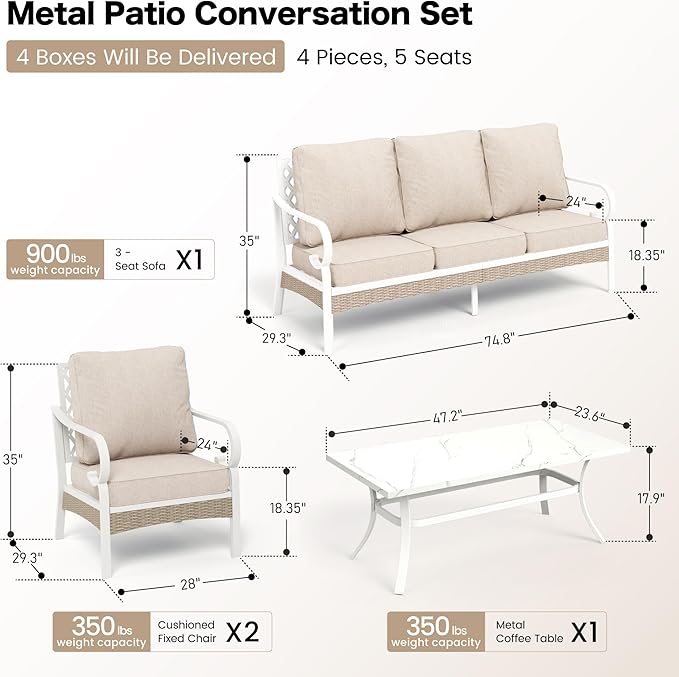 SUNSHINE VALLEY 4 Piece Metal Outdoor Patio Furniture Set, Patio Conversation Sets 1 3-seater Sofa, 2 Single Sofa with 5.75" Extra Thick Cushion and Coffee Table, White Frame Backyard Furniture, Beige