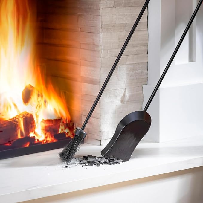 Plow & Hearth 5 Piece Hand Forged Iron Compact Fireplace Tool Set 32.5" | Black Wrought Iron Handle for Outdoor Indoor | Stand Poker Shovel Brush Log Tongs Wood Stove Accessory
