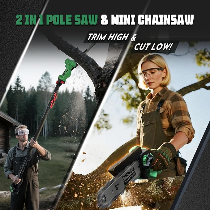 2-in-1 Electric Pole Saw for Tree Trimming, Cordless Polesaw & 8'' Mini Chainsaw with Extension Pole, Handheld Chain Saw with Rechargeable Batteries as Christmas Gifts for Wood Ranger,Senior,Women