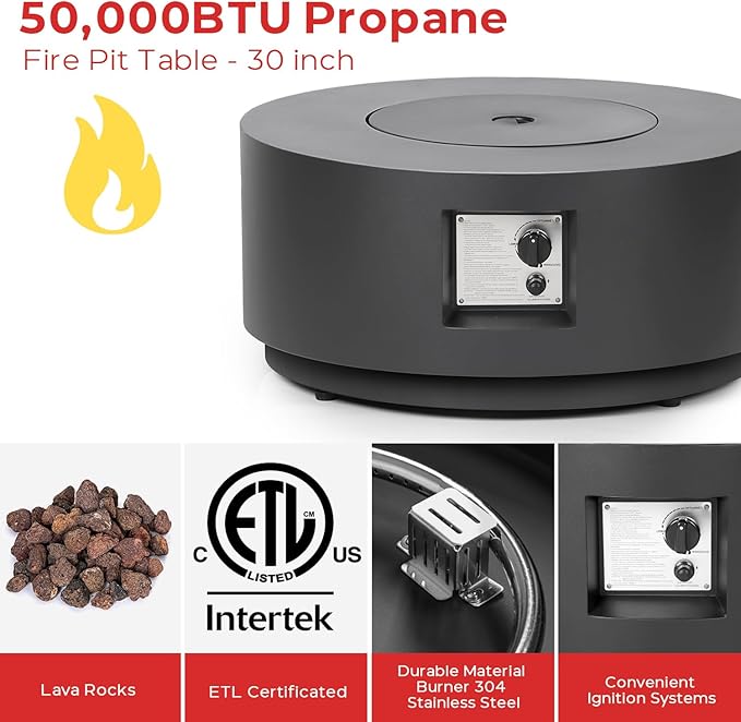 30" Round Propane Fire Pit Table - 50K BTU Round Fire Pits and Tank Cover, ETL Certified Outdoor Fire Table with Lid, Rocks, Rain Cover, Firepit for Outside Patio, Black