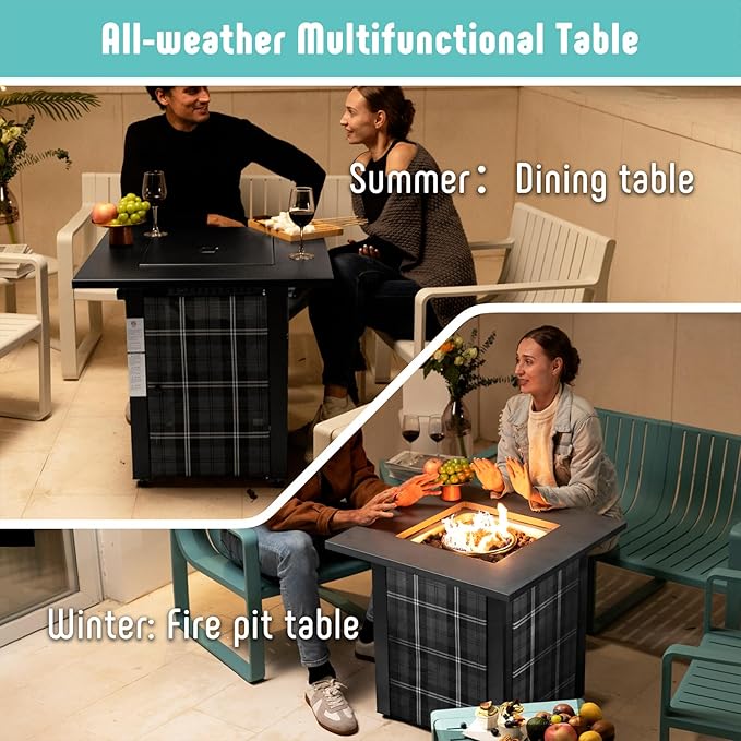 28 in Propane Fire Pit Table, ETL-Certified Fire Table with Lava Rocks for Patio Deck Garden Courtyard, 50,000 BTU Square Fire Pit Table with Lid, Black