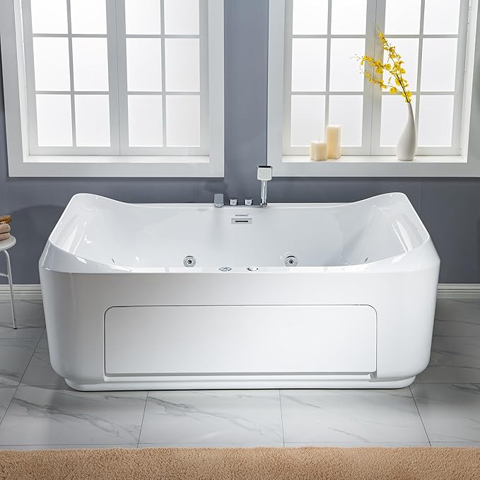 WOODBRIDGE 70-7/8"L x 47-1/4"W 2 Person Freestanding Hydrotherapy Whirlpool and Air Bath Heated Soaking Combination Massage Tub with Adjustable Speed Air Blower and Display Control Panel, B0091