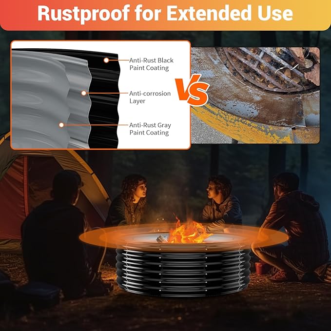 39 Inch Fire Pit Ring for Outside Wood Burning,17'' Taller High Heat Resistant Outdoor Firepit & Fireplace,Heavy Duty Galvanized Steel Fire Bowls Portable for Backyard Bonfire,Patio,Camping,Round