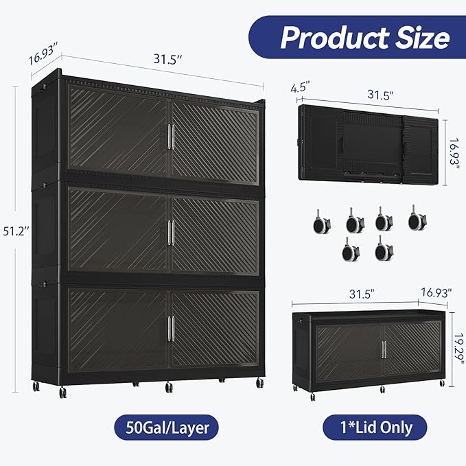 150 Gallon Extra Large Collapsible Storage Bin with Lid, 960QT Stackable Plastic Organizer with 6x Wheels, Foldable Drawer Cabinet for Closet, Living Room Office, Kitchen 3Pack, Black