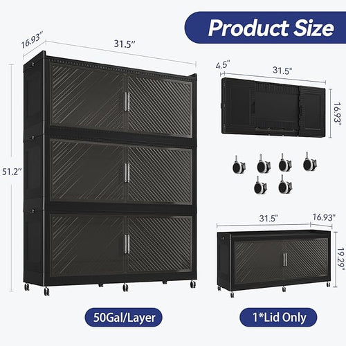 150 Gallon Extra Large Collapsible Storage Bin with Lid, 960QT Stackable Plastic Organizer with 6x Wheels, Foldable Drawer Cabinet for Closet, Living Room Office, Kitchen 3Pack, Black