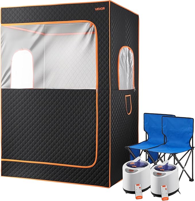 VEVOR Upgraded Portable Steam Sauna for Home, 2 Person Full Body Home Spa Tent with Steamer & 2 Foldable Chairs & Remote & 2 Essential Oil Boxes,Heavy-Duty Stainless Steel Frame Sauna Box, (Black)
