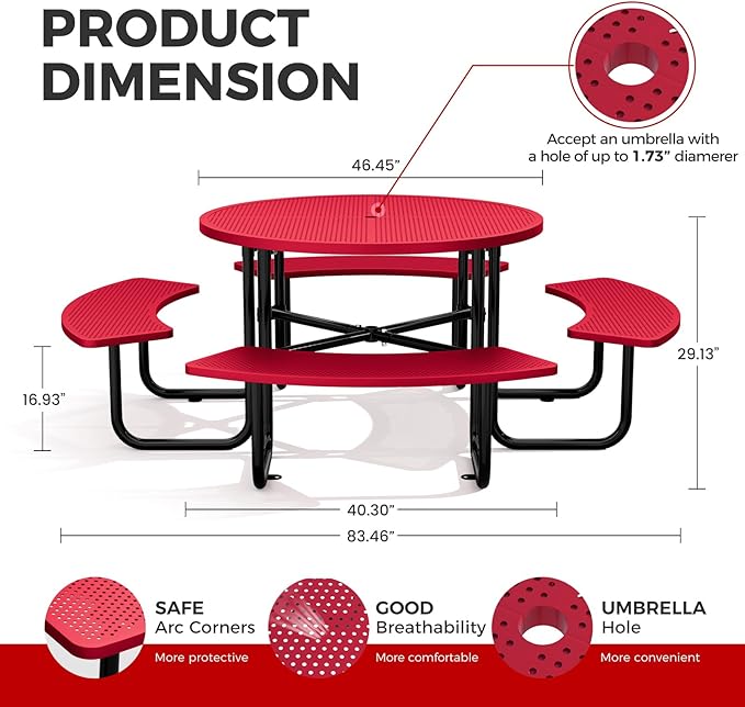 Rueekfil 46" Coated Picnic Table with Umbrella Hole, Heavy Duty Commercial Picnic Table for Outdoors, Family & Party Ready for School Camping, Round, Red