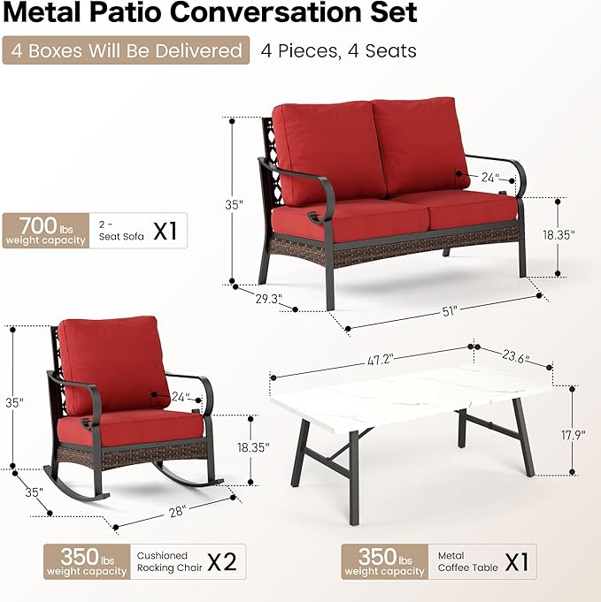 SUNSHINE VALLEY 4 Piece Metal Outdoor Patio Furniture Sets, Patio Conversation Sets 1 Loveseat, 2 Rocking Sofa with 5.75" Extra Thick Cushion and Coffee Table, Balck Frame Backyard Furniture, Rust Red