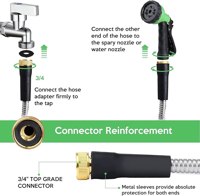 Garden Hose - Kink-Free Durable Flexible Garden Hoses with Swivel Handle and Multi-Functional Nozzles, Tangle Free, Rust Proof Lightweight Stainless Steel Metal Water Hose for Garden, Car, Lawn, Patio