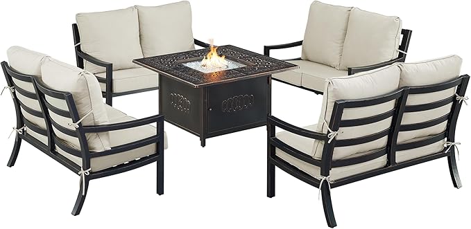 Oakland Living Black Aluminum Patio Fire Table Set with Four Deep Seating Loveseat with Cushions with Light Grey Cushions