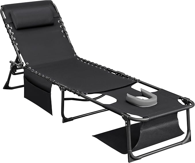 Flamaker Face Down Chaise Lounge Chair 5-Position Adjustable Sunbathing, Foldable Tanning Chair with Face& Arm Holes, Outdoor Recliner Chair for Pool, Beach, Patio, Lawn (Black, 1 Pcs)