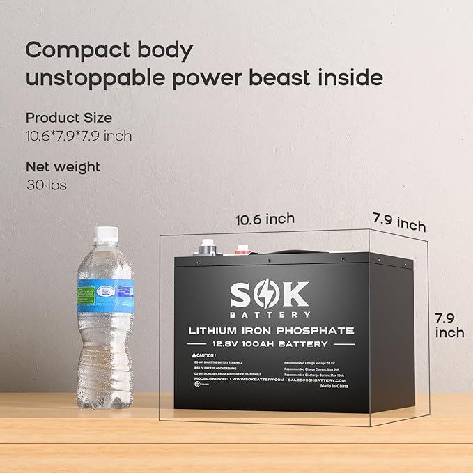 SOK Battery 12V 100Ah LiFePO4 Deep Cycle Lithium Iron Phosphate Battery, Built-in Bluetooth, Low Temperature Protection & Self Heating Function, Suitable for RV and Solar & Wind Off-Grid Use