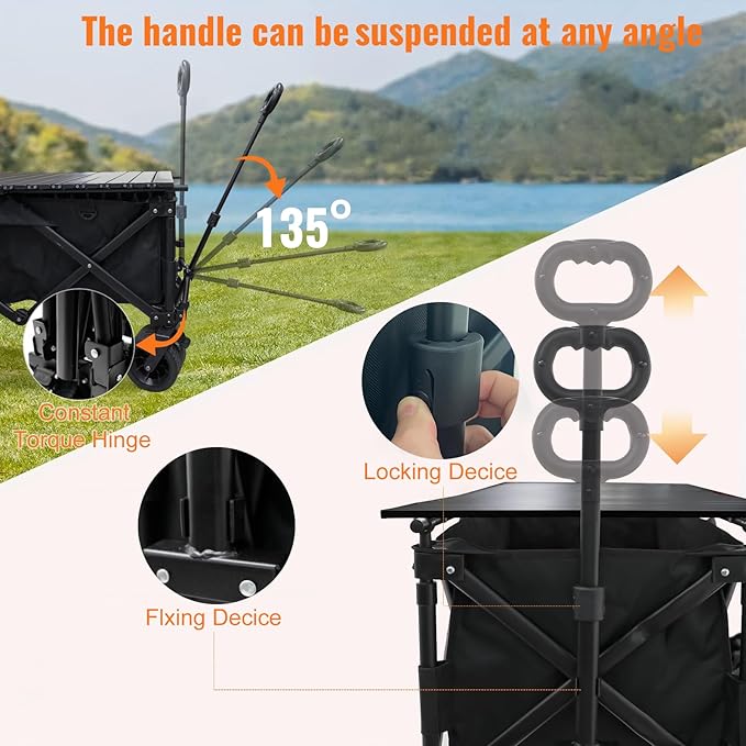 Collapsible Foldable Wagon Cart with Big Wheels and Tabletop, Large Capacity 440Lbs Folding Utility Wagon Carts for Sand, Beach, Camping, Shopping, Sport (Black)