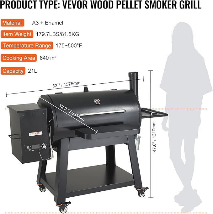 VEVOR Smoker Grill, Portable Wood Pellet Grill with Cart, 8 IN 1 BBQ Grill with PID Temperature Control & Meat Probe for Outdoor Cooking, Barbecue Camping, Picnic, 840 sq, Patio and Backyard, Black