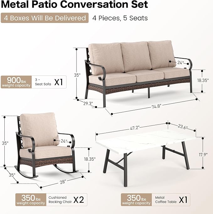 SUNSHINE VALLEY 4 PCS Metal Outdoor Patio Furniture Set, Patio Conversation Sets 1 3-Seater Sofa, 2 Rocking Chairs with 5.75" Extra Thick Cushion & Coffee Table, Black Frame Backyard Furniture, Beige
