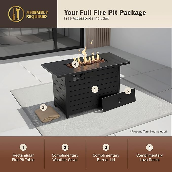 Mazatzal 42 Inch Propane Fire Pit Table, 60,000 BTU Outdoor Tabletop Fire Pit with Lid, Weather Cover, Lava Rock, Rectangular Steel Gas Fire Pit for Outside, Patio, Backyard, CSA-Certified, Black