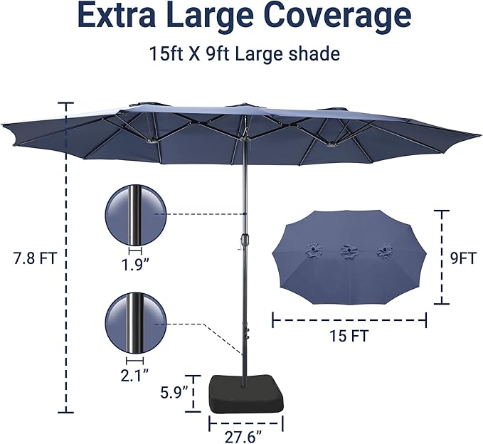 Bigroof 15ft x 9ft Patio Double-Sided Umbrella with Base & Crank, Extra Large Rectangular Outdoor Umbrella for Patio, Lawn & Garden, Beige