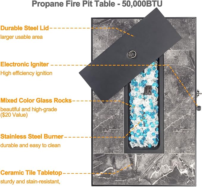 32'' Fire Pit Table with Natural Gas Conversion Kit, Marble Textured Ceramic Tabletop, 50,000 BTU Fire Table with Brown Wicker, Rectangle, Tank Required to Be Kept Outside.