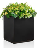 Wallowa Metallic Heavy Cube Planter Box, No Assembly Required, Seamless Large Black Outdoor Planter 17”Lx17”Wx20”H 24Pounds Black with Hand Brushed Gold Rim