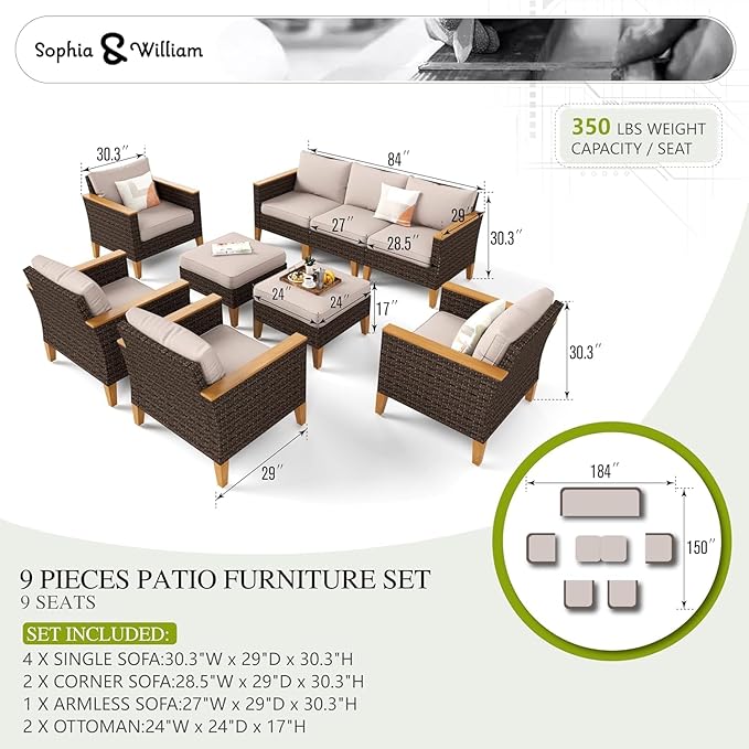 Sophia & William Patio Furniture Sets, 9 Piece Sectional Outdoor Rattan Wicker Sofa, All Weather Patio Conversation Set for Deck Backyard Lawn, Outdoor Couch, Beige