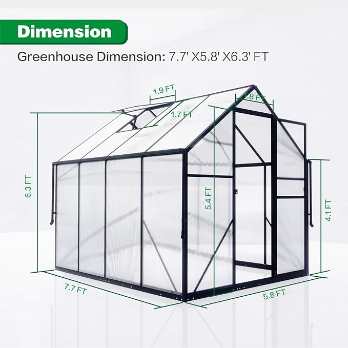 6x8 FT Greenhouse for Outdoors, Polycarbonate Green House with Adjustable Roof Vent and Rain Gutter, Aluminum Large Walk-in Greenhouse with Quick Setup Structure for Outside Garden Backyard Patio