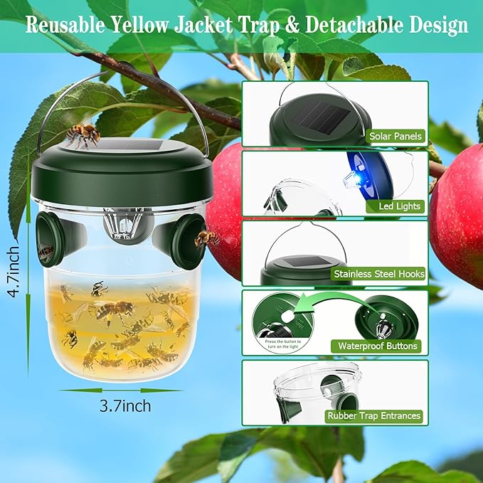 Wasp Traps Outdoor Hanging 4 Packs, Solar Powered Carpenter Bee Trap Yellow Jacket Hornet Catcher with LED Light, Reusable Wasp Deterrent Outdoor for Garden, Patio, Backyard, Camping