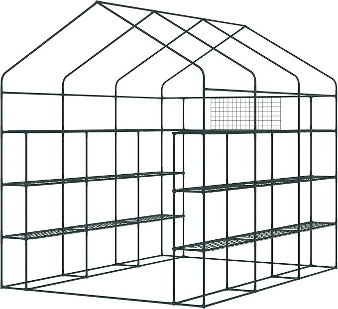 Outsunny 8' x 6' x 7' Walk-in Greenhouse, PE Cover, 4-Tier Shelves, Steel Frame Hot House, Roll-Up Zipper Door for Flowers, Vegetables, Saplings, Tropical Plants, Green
