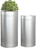 Worth Garden Galvanized Steel Planter 2-Pack - Large:28"x14.5" & Small:24"x12" - Tall Metal Plant Pots - Large Handcrafted Decoration Flower Pot for Indoor Outdoor, Deck, Patio, Front Porch - Silver