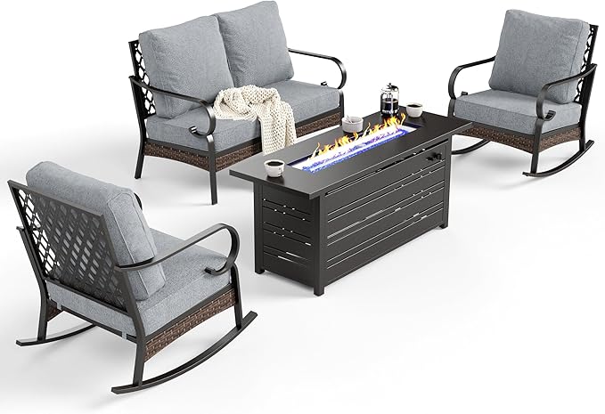 SUNSHINE VALLEY 4 Piece Metal Outdoor Patio Furniture Sets with Firepit Table, Patio Conversation Sets 1 2-Seater Sofa, 2 Rocking Sofa with 5.75" Cushion Black Backyard Furniture for Deck, Gray