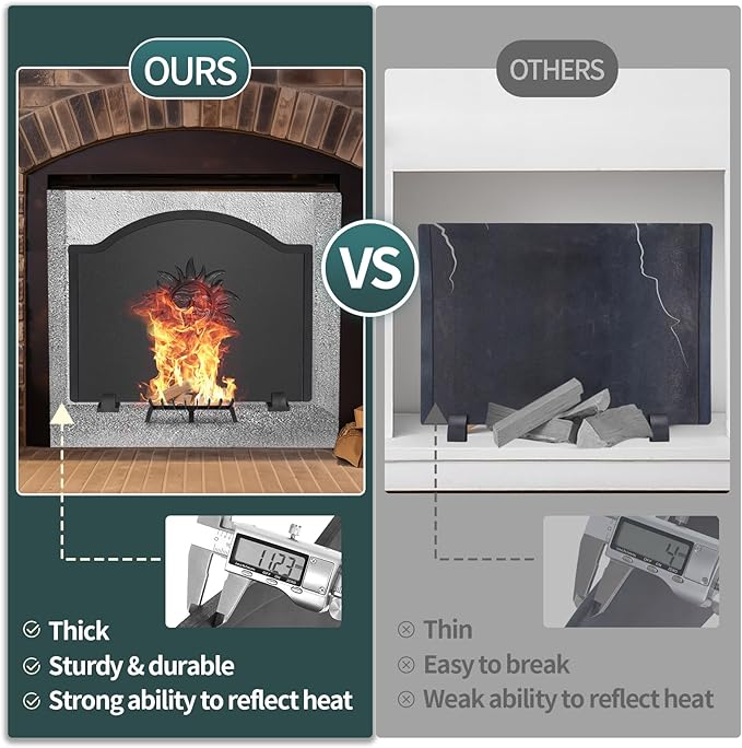 Iron Fireback with Feet - 22.5in Sun Fireplace Heat Reflector, Heat-Resistant Material with Decorative Design for Wall Protection