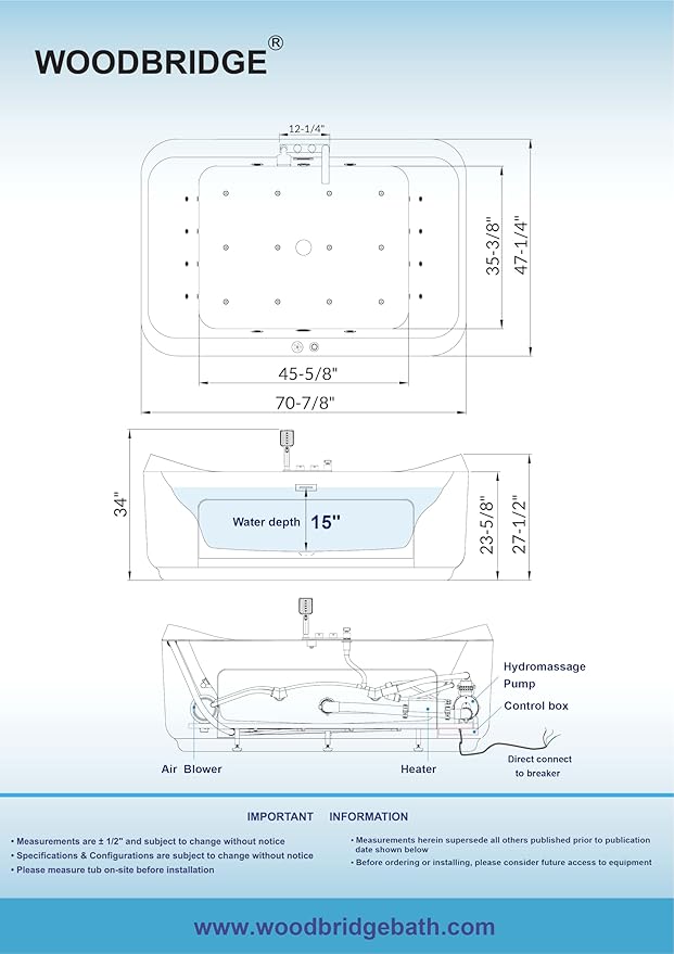 WOODBRIDGE 70-7/8"L x 47-1/4"W 2 Person Freestanding Hydrotherapy Whirlpool and Air Bath Heated Soaking Combination Massage Tub with Adjustable Speed Air Blower and Display Control Panel, B0091