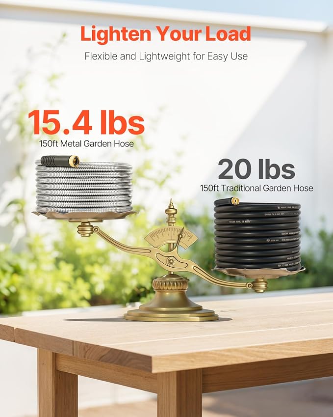 VEVOR Garden Hose Metal 150 ft, Rust Proof Stainless Steel Water Hose, Heavy Duty Backyard Hose with 10 Function Nozzle, No-Kink & Flexible Water Pipe, Lightweight Metal Hose for Yard, Outdoor