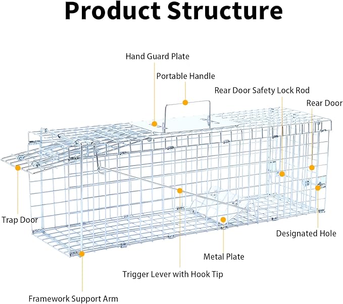 24" Live Animal Trap, Humane Animal Trap for Stray Cats up to 5.5 pounds, Raccoons, Squirrels, Skunks, Moles, Marmots, Armadillos, Rabbits, Steel Folding with Pedal Trigger