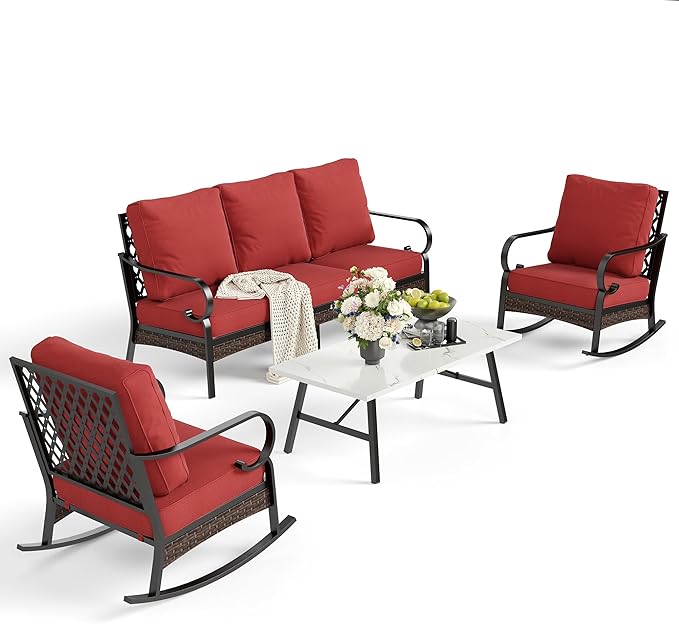 SUNSHINE VALLEY 4 PCS Metal Outdoor Patio Furniture Set, Patio Conversation Sets 3-Seater Sofa, 2 Rocking Chairs with 5.75" Extra Thick Cushion & Coffee Table, Black Frame Backyard Furniture, Rust Red