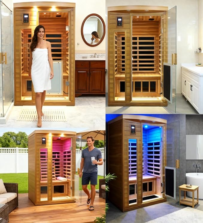 2 Person Low EMF Infrared Sauna for Home, Red Cedar Wood Far Infrared Saunas, 1750watt Indoor Personal Sauna Room with Door Heating Panels, Glass Door, Blue-tooth, Dual Control, Outdoor Lamps