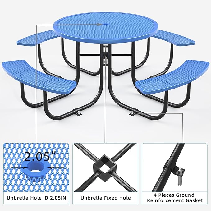 dafrigic 46" Round All Weather Resistant Commercial Picnic Table for Outdoors, Heavy Duty Picnic Table up to 4600 lbs with Umbrella Hole for School, Warehouse, Coffee Shop, Blue