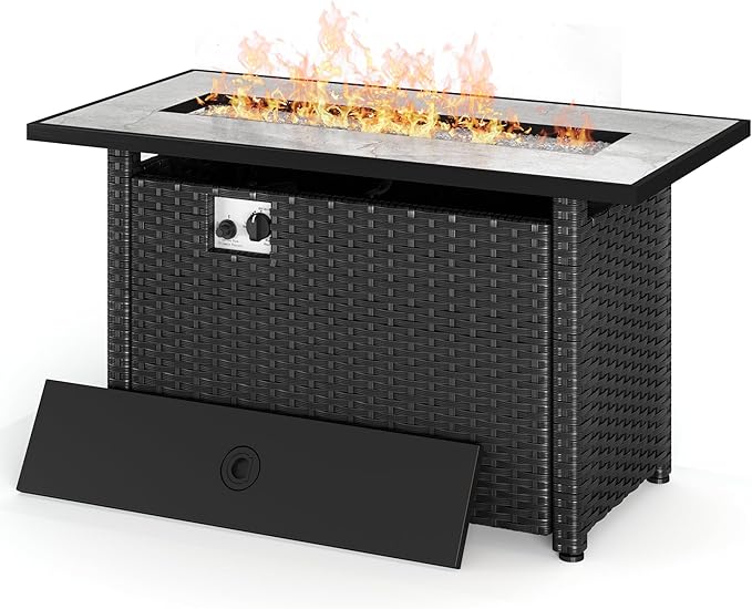 Gizoon 45" Gas Fire Pit Table, Propane Fire Pit with Glass Rocks, Waterproof Cover and Pe Rattan, Outdoor Patio Fire Pits for Backyard, Garden, Party
