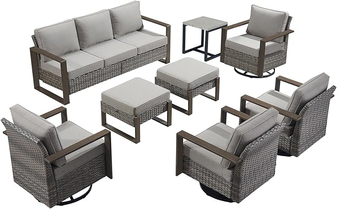 Rilyson Outdoor Wicker Patio Furniture Set - 8 Piece Patio Conversation Set with 4 Wicker Swivel Rocker Chairs,2 Rattan Ottoman 1 Side Table and 1 Couch,Thick Cushions,Deep Seating(Mixed Grey/Grey)