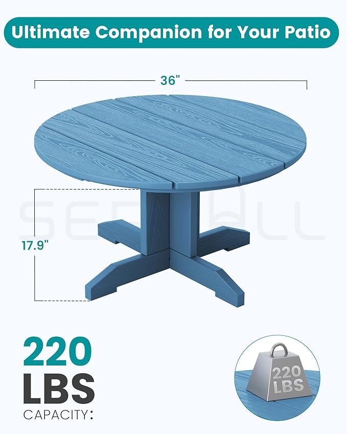 SERWALL Round Outdoor Coffee Table Set,Outdoor Round Coffee Table and Adirondack Chairs with Cup Holders Patio Furniture,Blue