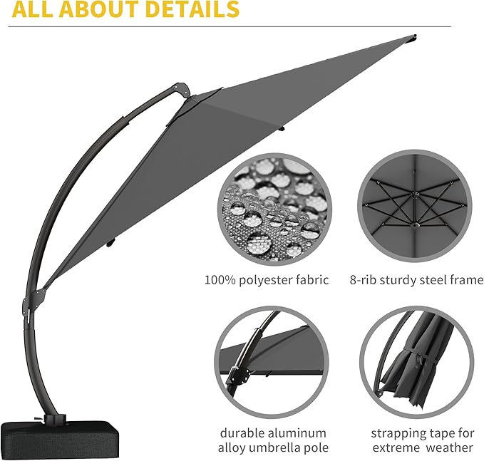 Kingdura 12ft Cantilever Patio Umbrella with Base Included, Large Round Offset Outdoor Pool Umbrella, 360° Rotation & Infinite Tilt, Heavy Duty Aluminum Frame for Deck Backyard, Grey