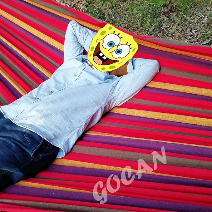 GOCAN Brazilian Double Hammock 2 Person Extra Large Canvas 250x160cm Total Length 350cm Load 500lb Cotton Hammock for Garden Outdoor and Indoor Rainbow(98 * 65'')