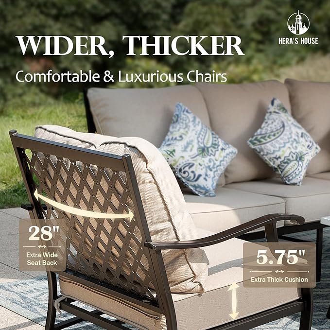 HERA'S HOUSE 5 Pieces Patio Furniture Set with Fire Pit Table, 4 x Thick Cushioned Chairs, 1 x Fire Pit Table (50,000 BTU), All Weather Outdoor Conversation Set for Garden, Backyard, Lawn