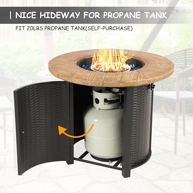 30 Inch Round Propane Fire Pit,50,000 BTU Iron Gas Firepit with Ignition Systems,w/Lid,Glass Stones,Outdoor Fire Table for Outside Patio,Deck-Black