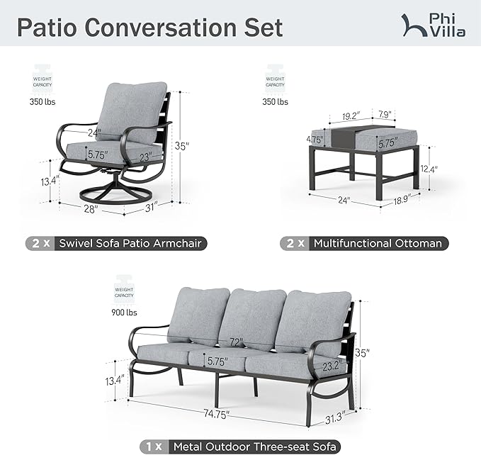 PHI VILLA 5 PCS Patio Furniture Set,Metal Deluxe Patio Set with 1 x 3 Seater Deep Seating Bench, 2 x Swivel Sofa Chairs & 2 x Metal Cushioned Ottoman, Outdoor Patio Set for Garden, Grey