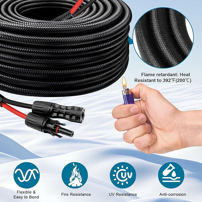 Solar Panel Extension Cable - 8AWG 25FT Solar Wire with Female & Male Waterproof Connector Flame Retardant Protective Sleeving PV Wire for RV, Photovoltaic Systems, Home, Boat, Solar Panels, Car
