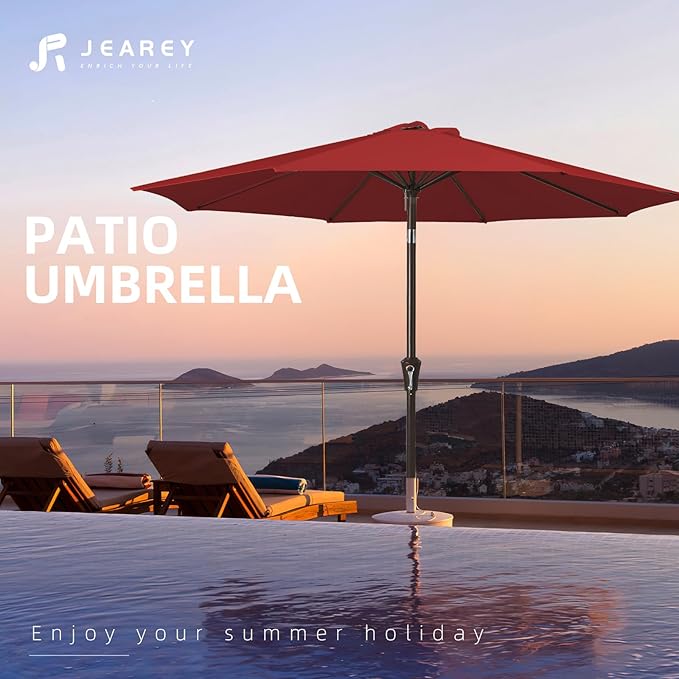 JEAREY 9FT Outdoor Patio Umbrella Outdoor Table Umbrella with Push Button Tilt and Crank, Market Umbrella 8 Sturdy Ribs UV Protection Waterproof for Garden, Deck, Backyard, Pool (Cherry Red)
