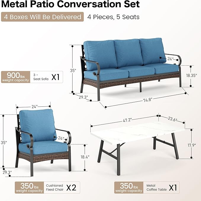SUNSHINE VALLEY 4 Piece Metal Outdoor Patio Furniture Set, Patio Conversation Sets 1 3-Seater Sofa, 2 Chairs with 5.75" Extra Thick Cushion and Coffee Table, Black Frame Backyard Furniture, Denim Blue