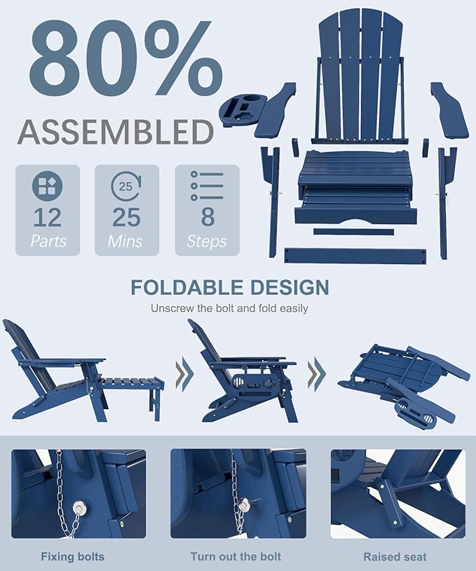 Adjustable Adirondack Chair with Retractable Ottoman Set of 6, HDPE Folding Adirondack Chair with Cup Holder, All Weather Fire Pit Chair for Outdoor.