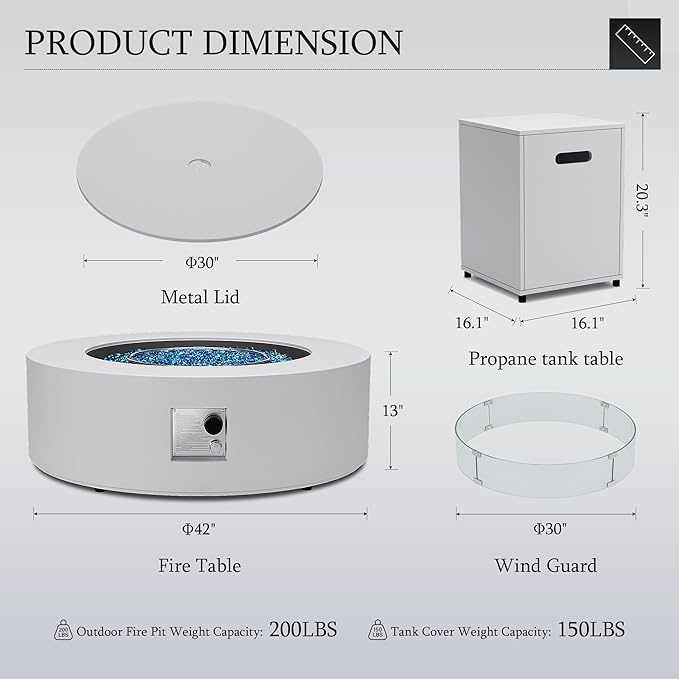 UPHA 42-Inch Outdoor Propane Fire Pit Coffee Table with Iron Round Fire Pit Patio Heater & Weatherproof Cover, 50,000 BTU Stainless Steel Burner, Blue Glass Stone, Weatherproof Cover, White