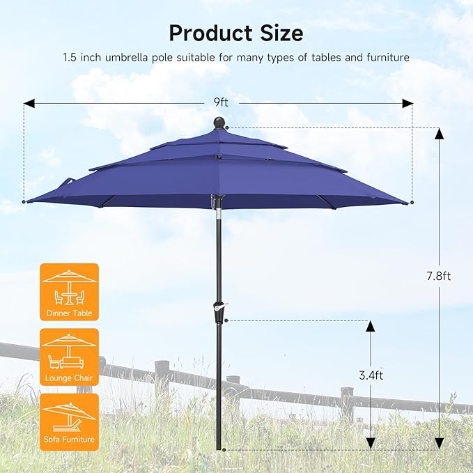 9 FT Outdoor Patio Umbrella, 3 Tier Market Table Umbrella with 8 Sturdy Fiberglass Ribs and 1.5’’ Pole, Smooth Button Tilt Patio Umbrella for Backyard Pool Garden, Blue(No Base)